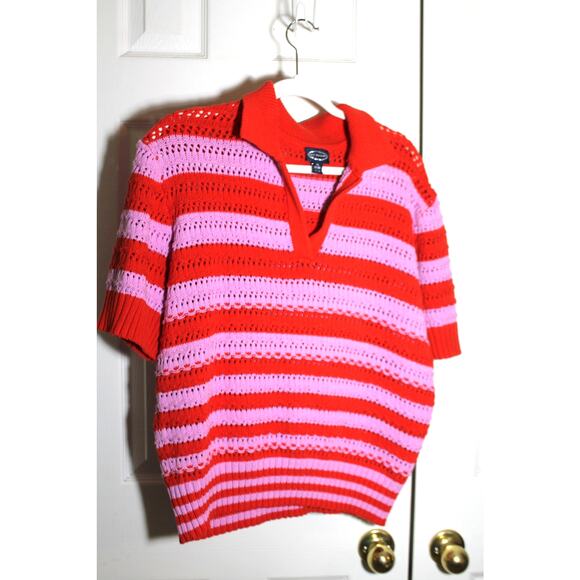 Scoop NYC Pink and Red Striped Short Sleeve Polo Sweater sz XL - Picture 1 of 3